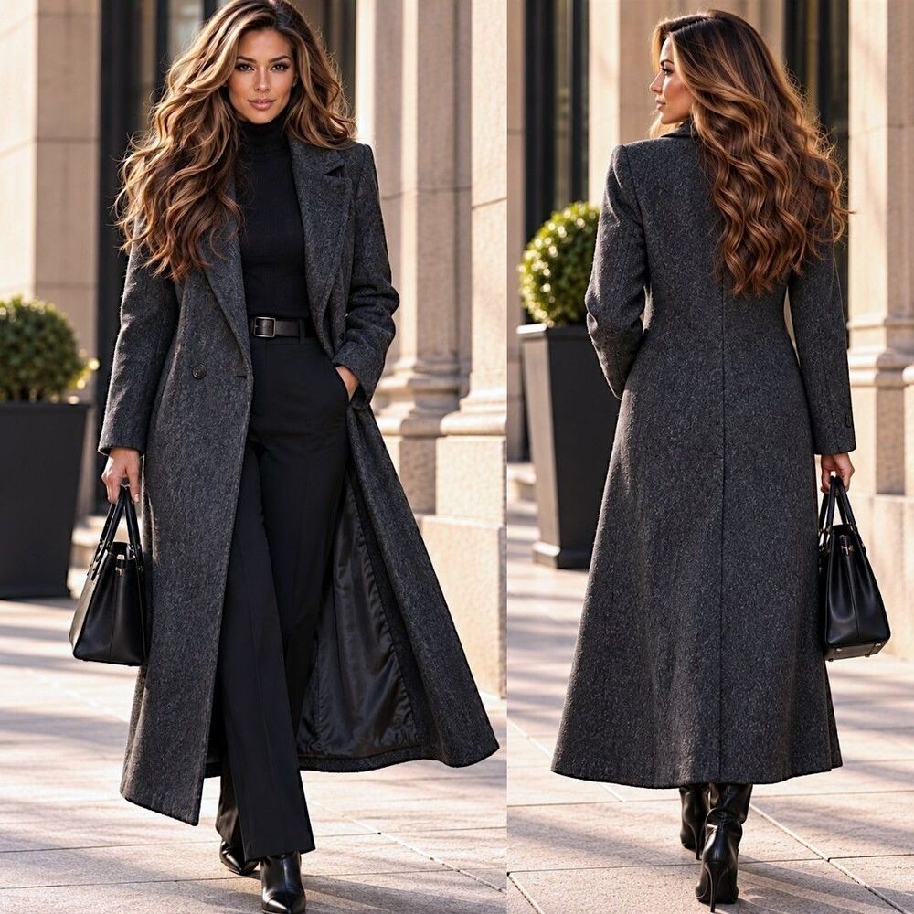 Vtg 100% Wool Long Trench Coat S Gray Double Breasted USA Old Money Ashley Scott